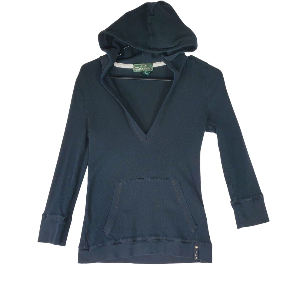 Lauren Active Ralph Lauren Navy Blue Thermal Waffle Knit V-Neck Hoodie Small